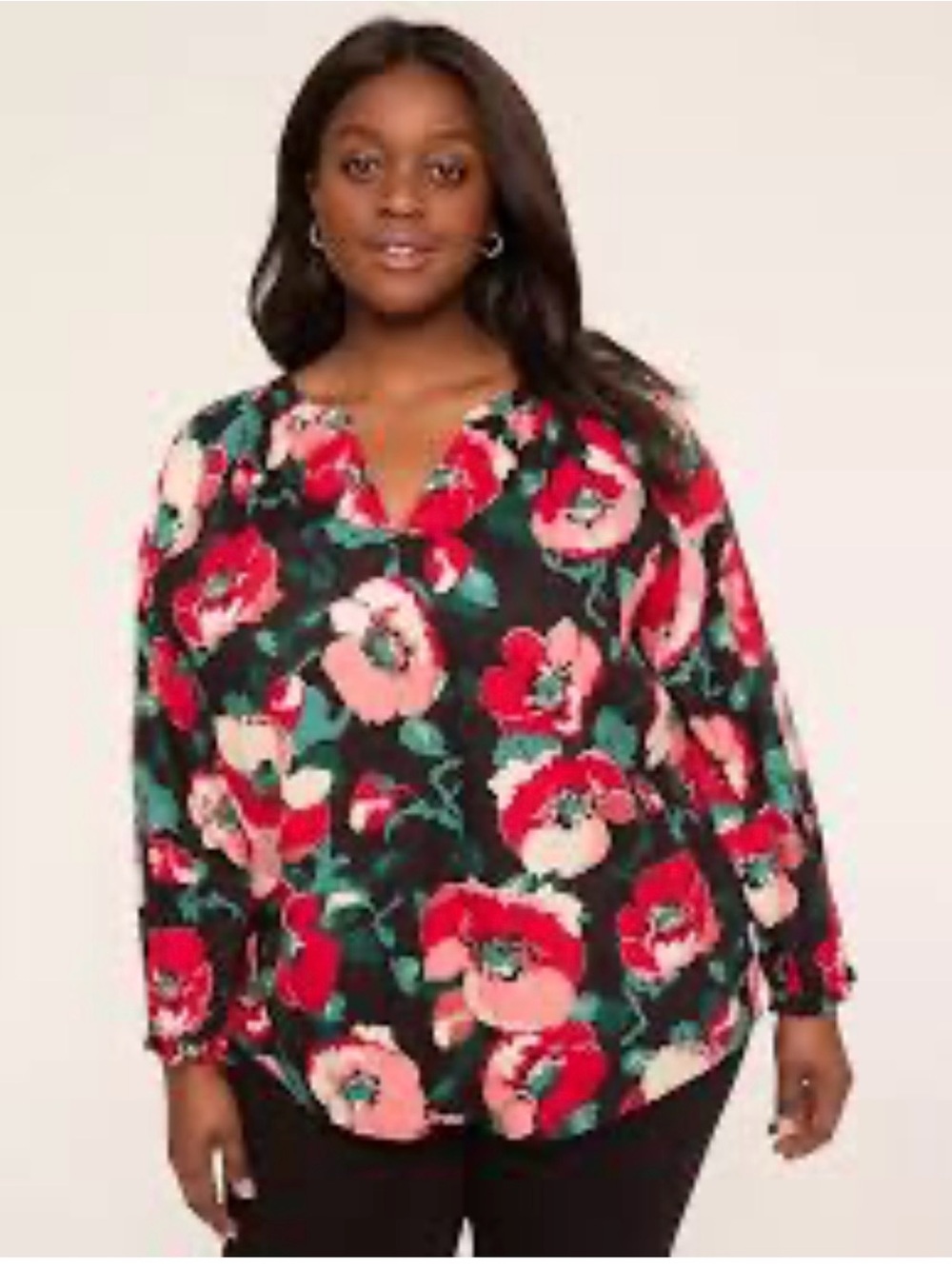 Lane Bryant Size 20 Floral V-Neck Popover Top Black Red Pink Green